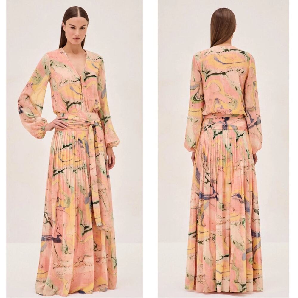 ALEXIS Diane Long Sleeve Deep V Neckline Pleated Watercolor Maxi Dress Size M